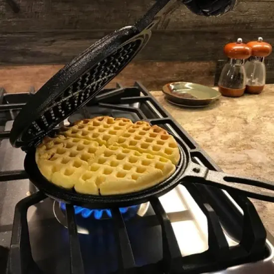 Lehmans Cast Iron Waffle Maker - Two Piece Hinged Non-Electric Waffle Iron for Stovetop or Grill Makes 7 inch Round Waffles - Non-Drip Double Rim - 8 image {2}