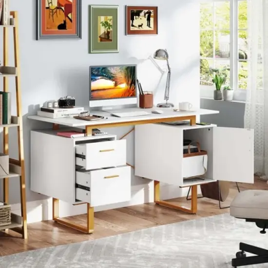 Costway 51" Home Office Desk with Floating Desktop Dual Drawers Cabinet & Metal Frame image {3}