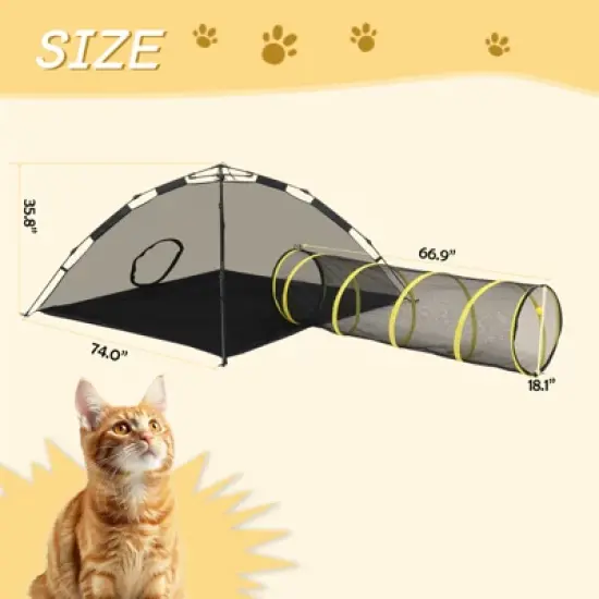Outdoor Cat Play Tent with Tunnel, Portable Cat Playhouse for Indoor Outdoor, Cat Playpen Enclosed for Cats Rabbits and Small Animals, Yellow image {4}