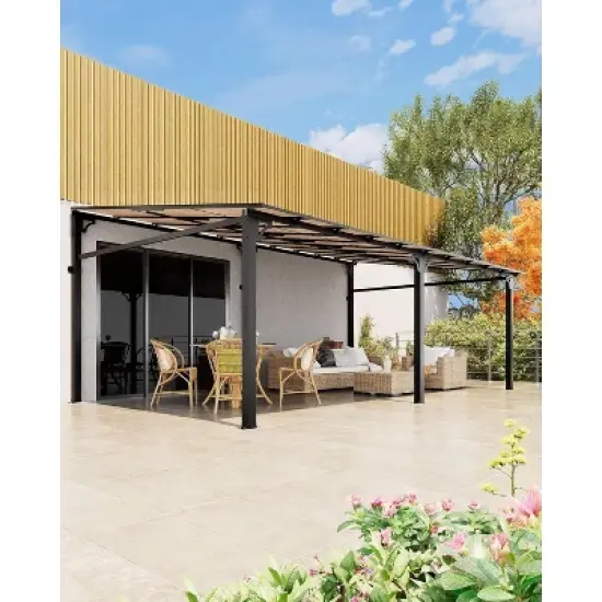 10 x 10 FT Wall Mounted Gazebo, Hardtop Lean-to Pergola with Polycarbonate Roof image {12}