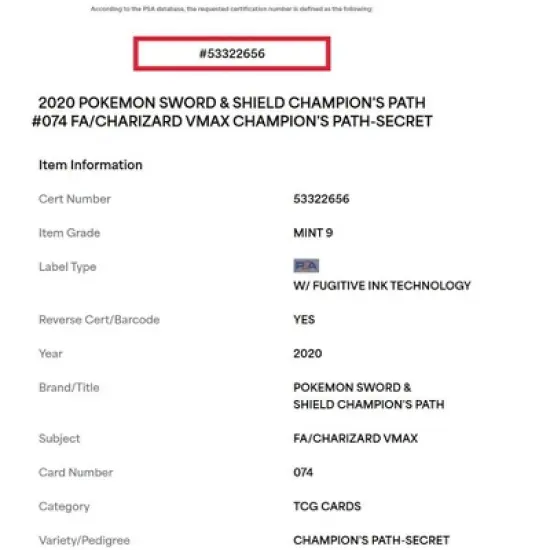 2020 Pokemon Sword and Shield Champion&rsquo;s Path Rainbow Rare Holo Charizard VMAX #74 PSA MINT 9 (Graded Card) image {2}