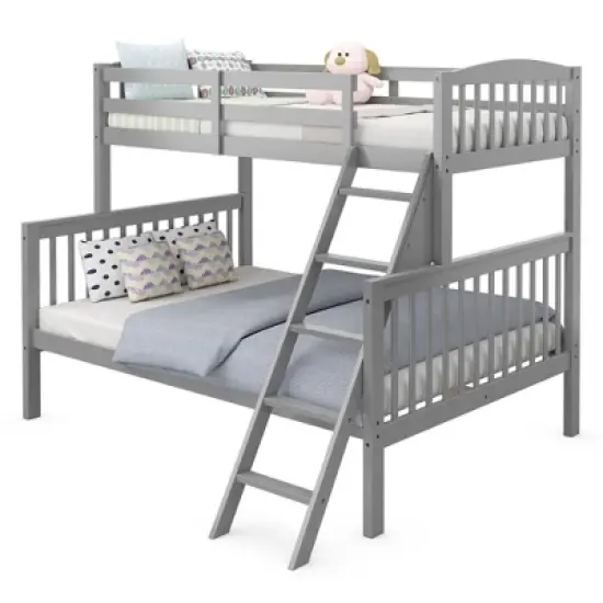 Costway Twin over Full Bunk Bed Rubber Wood Convertible with Ladder Guardrail image {9}