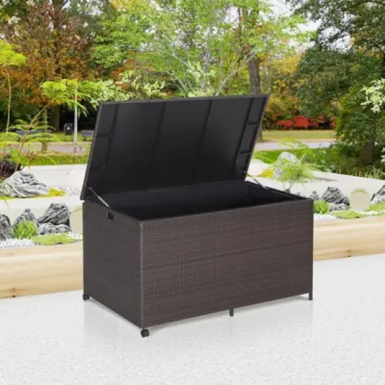 WELLFOR 133gal Outdoor Wicker Storage Box Container with Zippered Liner and 2 Wheels Brown image {1}