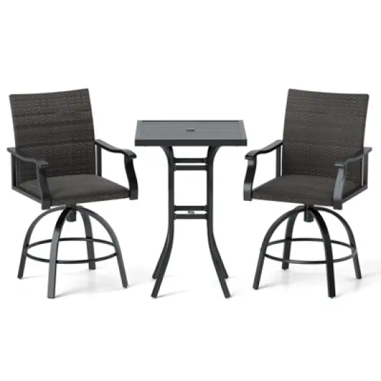 Tangkula 3 PCS PE Wicker Patio Swivel Bar Set Table & Chairs w/ Quick-Drying Foam image {9}