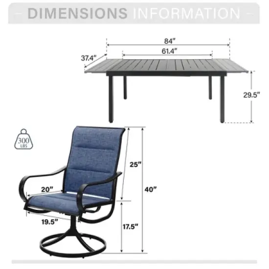 Captiva Designs 9pc Patio Dining Set with Slat-top Adjustable Steel Rectangle Table & Padded Textilene Swivel Chairs image {13}