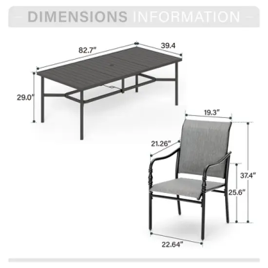 Captiva Designs 9pc Spacious Slat-top Rectangle Metal Table with Umbrella Hole & Fixed Steel Chairs with Gourd Head Armrests image {9}