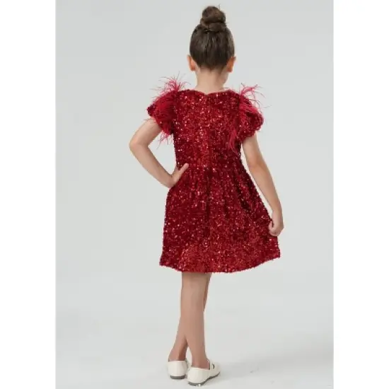 2Bunnies Girls' Christmas New Year Holiday Party Sequin Dress Feather Puff Sleeve image {6}
