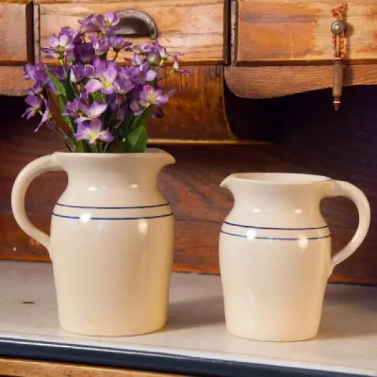 Martinez Pottery Stoneware Pitcher Vase, Natural with Blue Stripe Country Decor image {3}