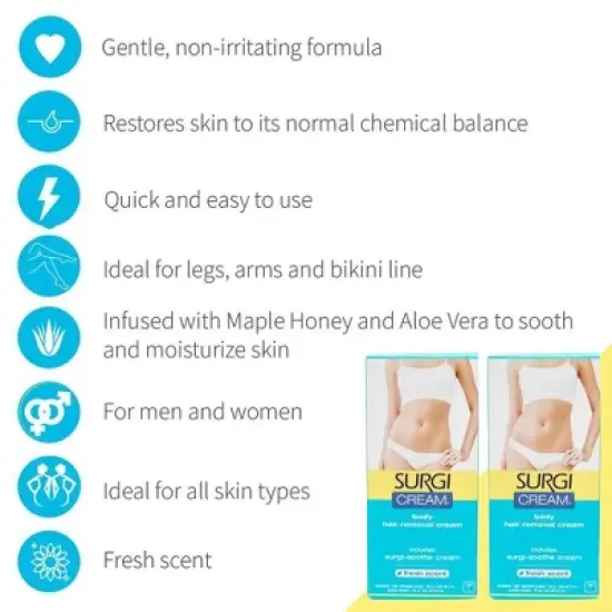 Surgi Cream BODY Hair Removal Cream for Bikini & Legs Includes Surgi-Soothe Cream (Fresh Scent) - (PACK OF 2) image {2}