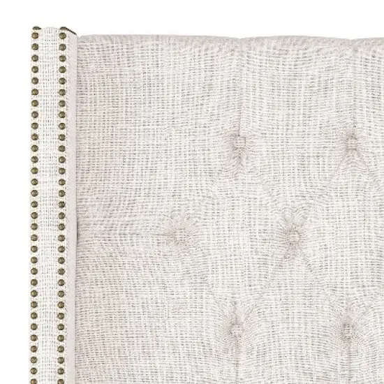 King Louis Diamond Tufted Wingback Headboard Off White Linen with Brass Nail Buttons - Skyline Furniture image {3}