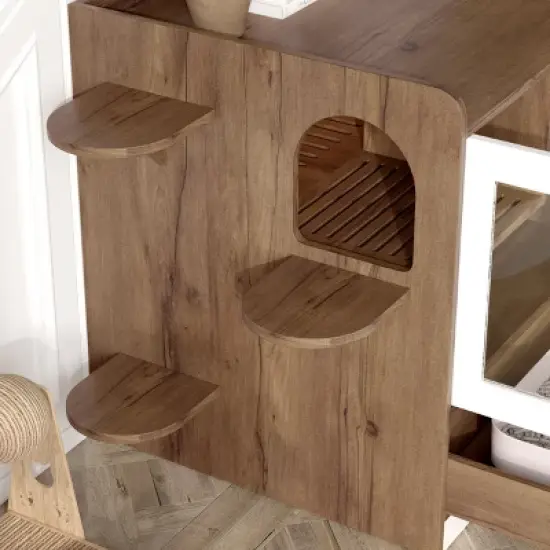 Large Hidden Cat Litter Box Cabinet with Drawer and Stairs, Indoor Enclosure and Side Table for Cats - The Pop Home image {5}