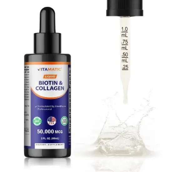 Vitamatic Liquid Biotin & Collagen for Hair Growth - Women & Men &ndash; Supports Glowing Skin, Healthy Hair & Nail Growth (2Fl Oz) image {4}