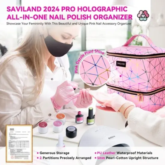 Saviland Studio-Compact Polish Organizer: PU Leather Case w/ Modular Compartments - Holds 30 Bottles & Nail Lamp Mobile Storage System. image {1}