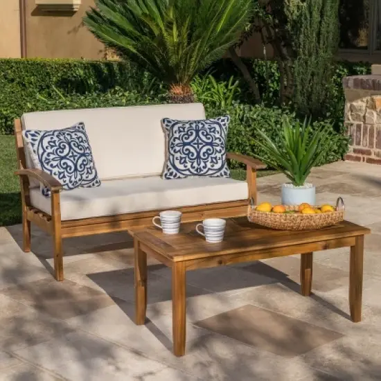 Outdoor Sectional Sofa Set, 2 Pcs Sofa Set with Loveseat and Coffee Table, Loveseat Sofa with Acacia Wood Frame and PE Cushion-Coolbibila image {7}