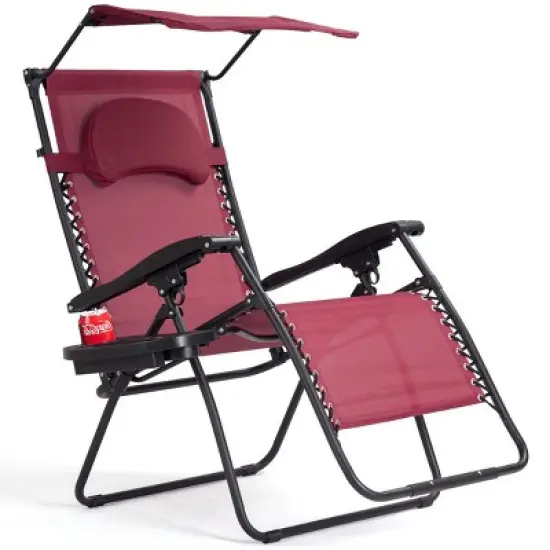 Costway Folding Recliner Zero Gravity Lounge Chair W/ Shade Canopy Cup Holder Wine image {7}