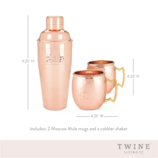 Twine Hammered Moscow Mule Mug Cocktail Set with Shaker for Mixed Drinks, Stainless Steel Kitchen Set, Barware, Set of 3, Copper image {2}