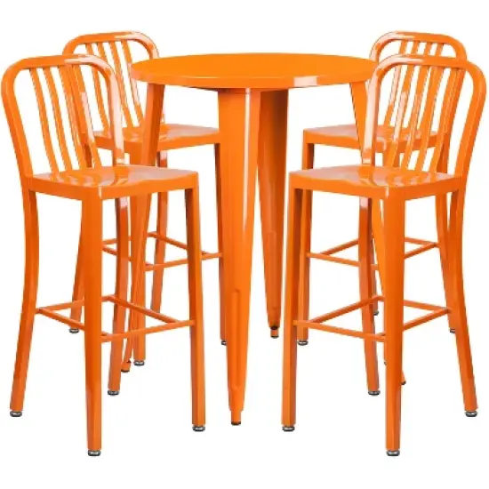 Emma and Oliver Commercial 30" Round Metal Indoor-Outdoor Bar Table Set & 4 Slat Back Stools image {4}