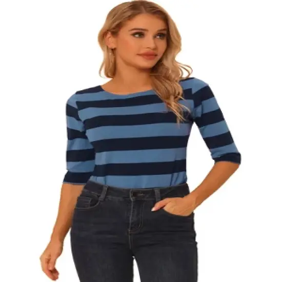 Allegra K Women's Elbow Sleeves Casual Basic Boat Neck Slim Fit T-Shirts image {22}
