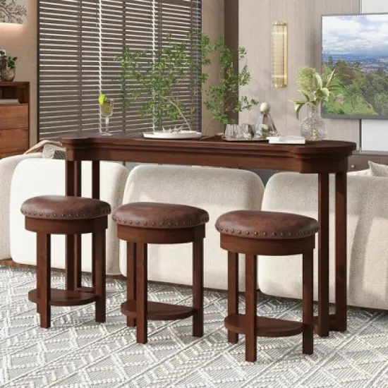 ORRD 4-Piece Bar Table Set with 3 PU Stools, Solid Wood Counter Height Dining Set for Kitchen, Living Room & Small Spaces,Espresso image {3}