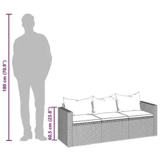 vidaXL 3-Seater Patio Sofa with Cushions Black Poly Rattan image {8}