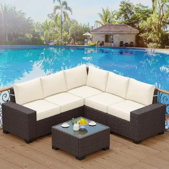6 Pieces Outdoor Patio Furniture Set, Wicker Furniture Set, Patio Sectional Furniture Set with 5 Seat Cushions and 1 Glass Coffee Table image {1}