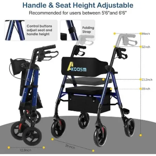 Lycvki Lightweight Foldable Rollator Walkers with Adjustable Handles and Seat Height for Seniors All-Terrain 8" Big Roller Wheels image {1}