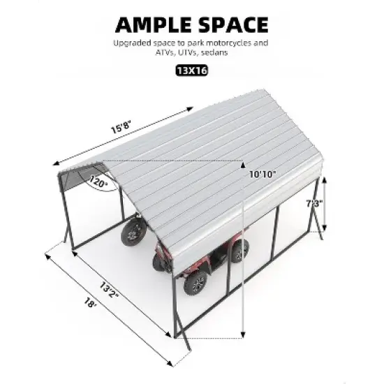 13'x16'x11' Metal Carport, Steel Heavy Duty Carport for All-Weather, Permanent Shelter for Boats, Pickup Trucks, and Tractors, N.W. 500 Lbs image {1}