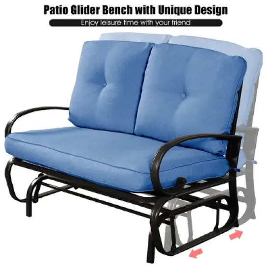 Costway Glider Outdoor Patio Rocking Bench Loveseat Cushioned Seat Steel Frame Blue image {4}