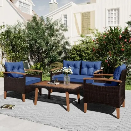 FIONECA 4-Piece Patio Furniture Set, PE Rattan Outdoor Sofa with Cushions & Wood Table, Garden Conversation Set, Brown & Blue image {1}