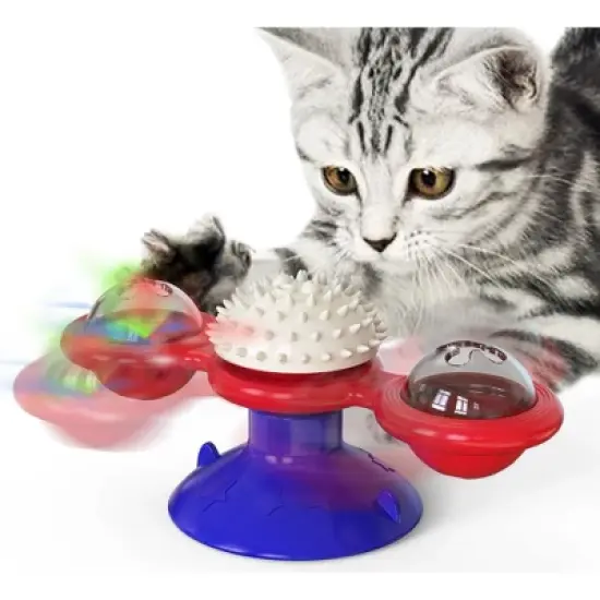 Cat Entertainment Set: Interactive Rotating Disk, Feather Teasers, Tumbler, Windmill Toy - Keeps Cats Active & Engaged Blue image {4}