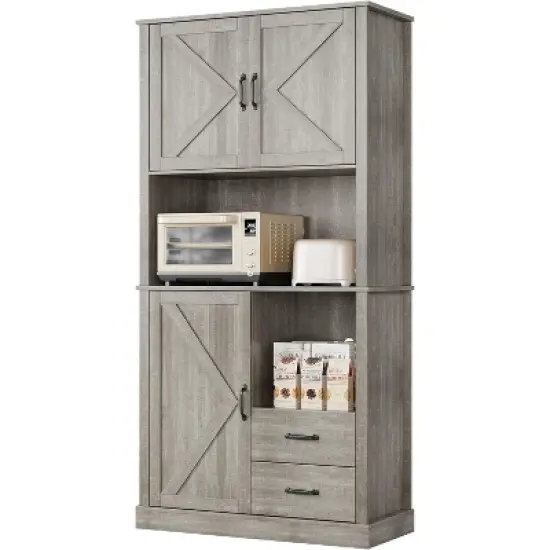 Modern Kitchen Pantry Cabinet with Microwave Stand, Tall Kitchen Hutch with Drawers & Adjustable Shelves image {7}