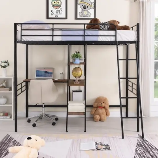 Twin Size Metal Loft Bed With Built-in Desk and Shelves - ModernLuxe image {1}