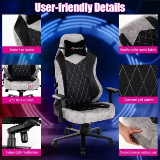Costway Gaming Chair 360&deg; Swivel Computer Reclining Height Adjustable 4D Armrest Grey image {3}
