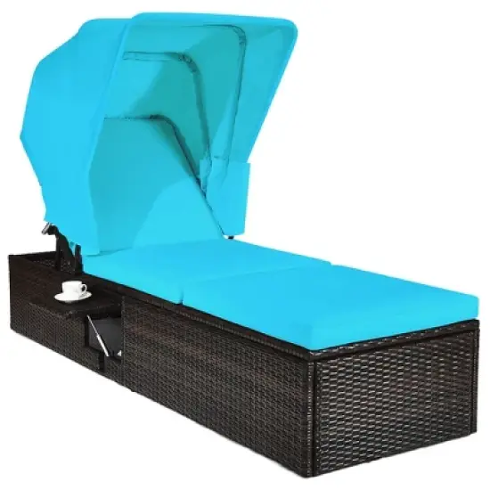 Costway Patio Rattan Lounge Chair Chaise Cushioned Top Canopy Adjustable Turquoise image {1}