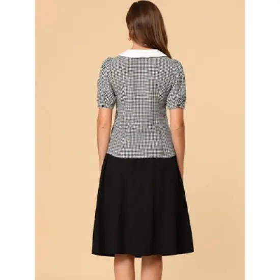 Allegra K Women's Plaid Puff Sleeve Blouse Contrast Collar Button Down Shirt Tops image {4}
