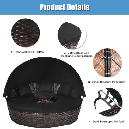 Tangkula Cushioned Patio Rattan Round Daybed w/ Adjustable Table 3 Pillows Black image {7}