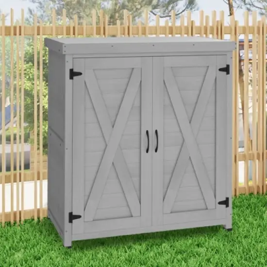 WELLFOR Outdoor Potting Bench with Storage Cabinet and Metal Table Top Gray image {1}