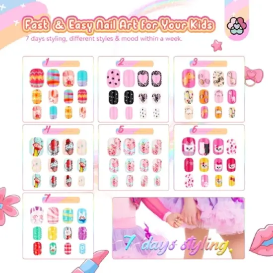 SAVILAND Kids Press On Nails for Girls 8-12 Years, 168PCS Colorful Short Square Fake Nails with 7 Day Wear - Christmas Gift Set. image {1}
