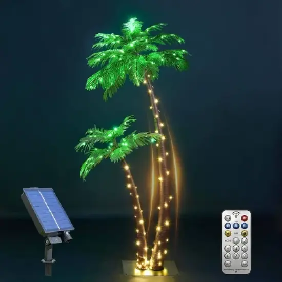 LIGHTSHARE Twin Trunk Solar Lighted Palm Tree LED Outdoor Light Stakes Green image {6}
