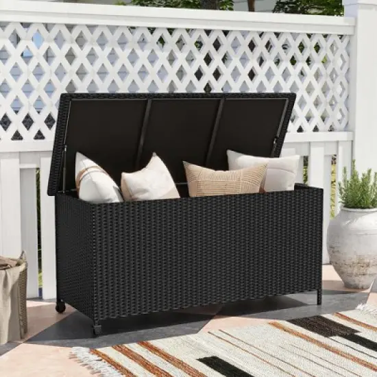 Costway 85 Gallon Rattan Deck Box with Waterproof Liner Universal Wheels & Gas Strut Brown/Black image {10}
