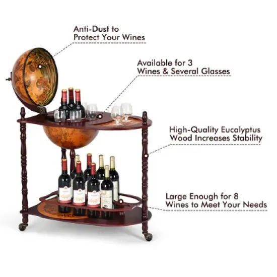 Costway Wood Globe Wine Bar Stand 34'' H 16th Century Italian Rack Liquor Bottle Shelf image {4}