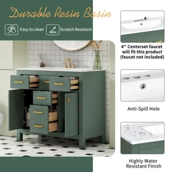 36" Freestanding Bathroom Vanity With Ceramic Sink, 2 Cabinets and 4 Drawers, Green 4W - ModernLuxe image {3}