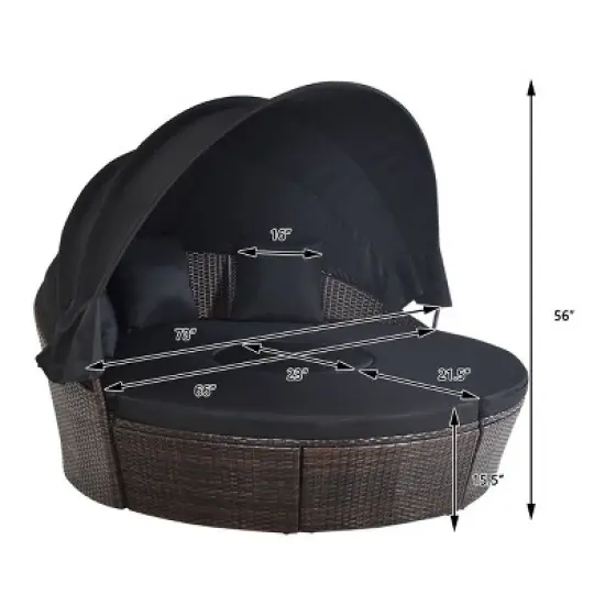 Tangkula Cushioned Patio Rattan Round Daybed w/ Adjustable Table 3 Pillows Black image {8}