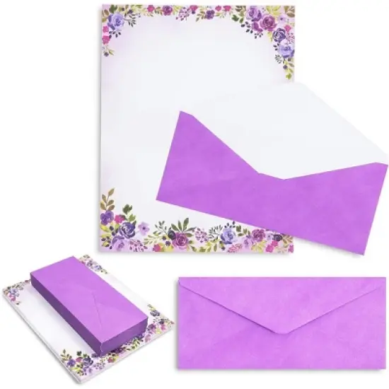 Pipilo Press 48 Pack Purple Watercolor Floral Stationery Paper and Envelopes Set, 8.5" x 11" image {7}