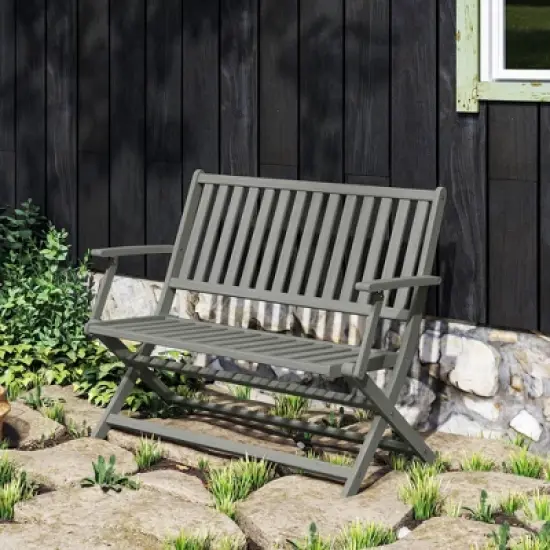 Outsunny 2-Person Foldable Wood Outdoor Bench with Backrest and Armrests for Patio, Garden, Porch, Park, Balcony, Gray image {5}