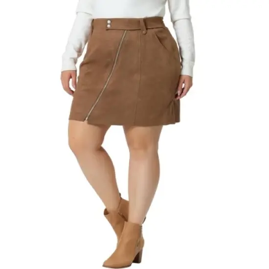 Agnes Orinda Women's Plus Size Faux Suede Zipper Front Pockets Elastic Waist Mini Skirt image {5}