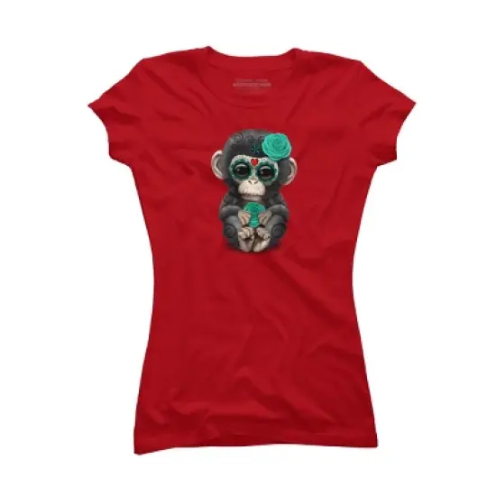 Junior's Design By Humans Blue Day of the Dead Sugar Skull Baby Chimp By jeffbartels T-Shirt image {6}