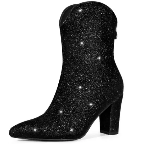 Allegra K Women's Glitter V Shape Pointy Toe Back Zipper Block Heels Mid Calf Boots image {7}