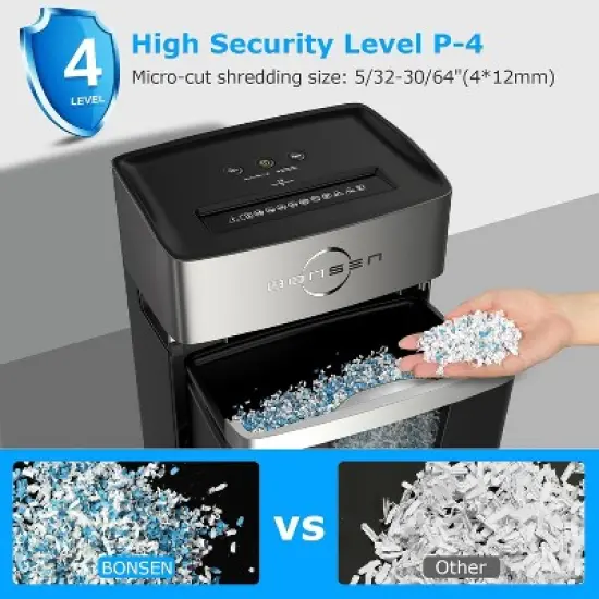 BONSEN 12-Sheet Micro Cut Paper Shredder, P-4 Security, 55dB Ultra-Quiet, 40-Min Shredding, Shreds Credit Cards/Staples, 5.3-Gal Pullout Bin image {1}