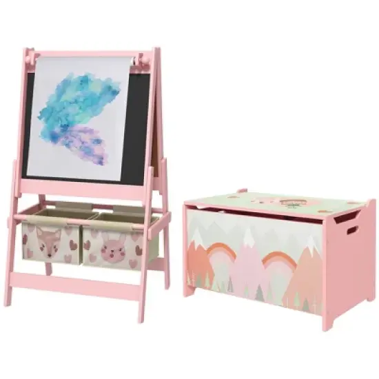 Qaba Toy Box with Lid and Kids Easel with Paper Roll, Blackboard, Whiteboard, Cute Fox Design Kids Activity Furniture Set for Ages 3-8 Years, Pink image {3}